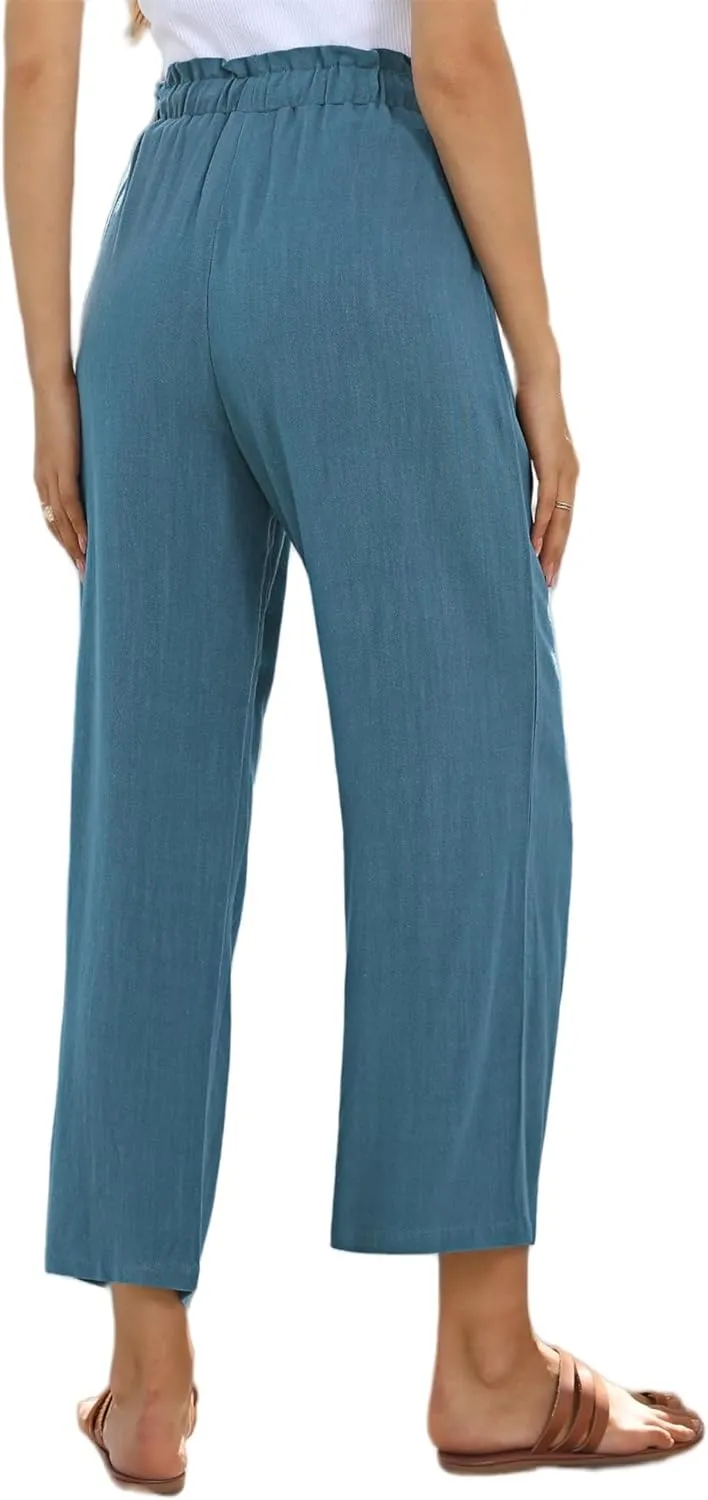 Womens Linen Pants Summer Wide Leg Capri High Waist Drawstring Palazzo Cropped Beach Boho Flowy Trousers with Pockets