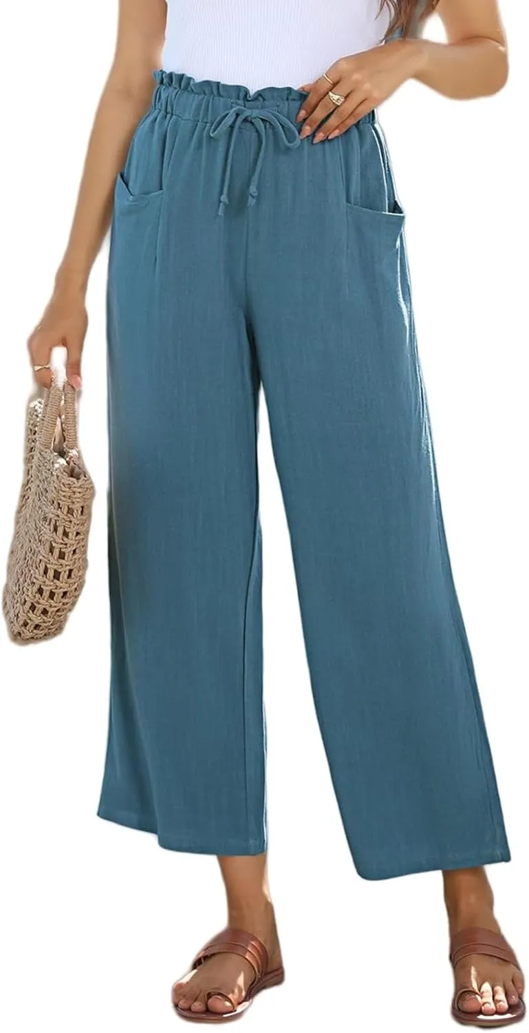 Womens Linen Pants Summer Wide Leg Capri High Waist Drawstring Palazzo Cropped Beach Boho Flowy Trousers with Pockets