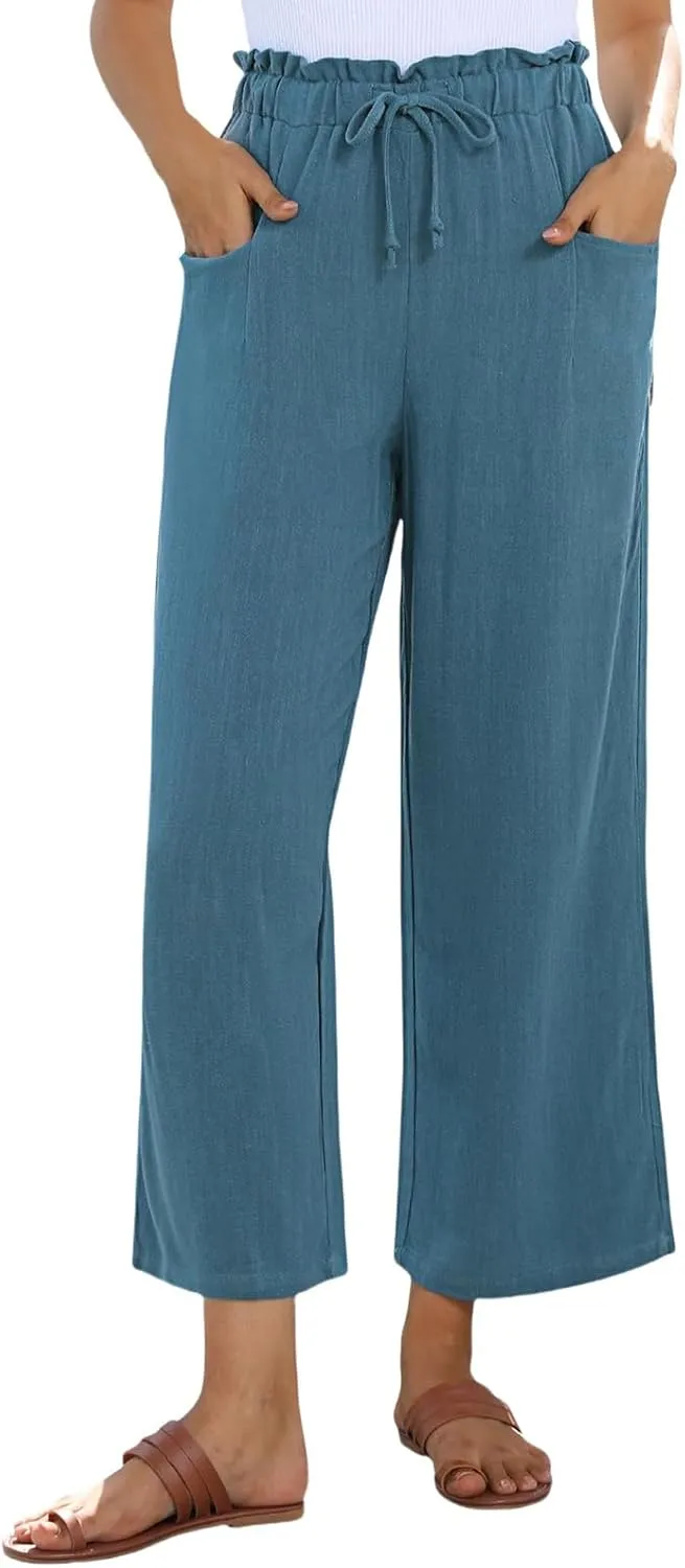 Womens Linen Pants Summer Wide Leg Capri High Waist Drawstring Palazzo Cropped Beach Boho Flowy Trousers with Pockets