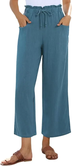 Womens Linen Pants Summer Wide Leg Capri High Waist Drawstring Palazzo Cropped Beach Boho Flowy Trousers with Pockets