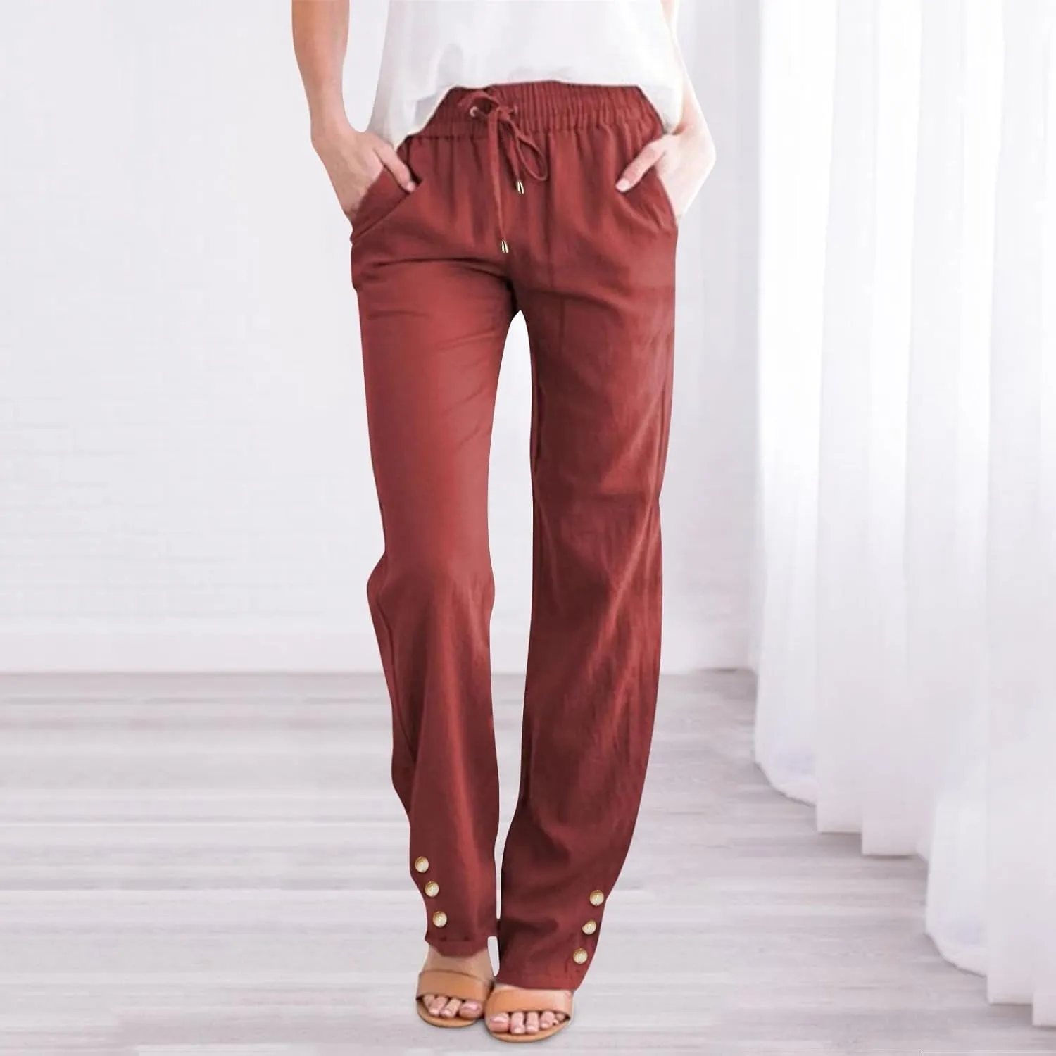 Women's Linen Wide Leg Capri Pants Casual Summer High Waist Flowy Baggy Comfy Straight Leg Yoga Lounge Trousers Beach